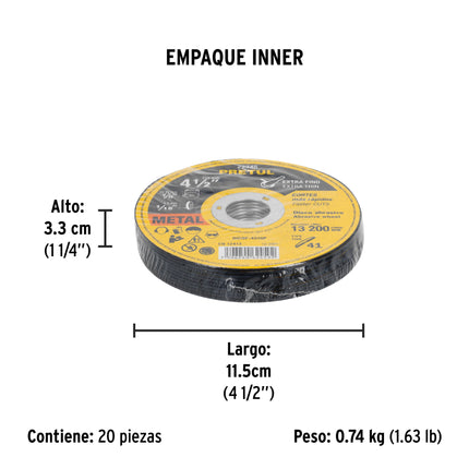 Disco Tipo 41 de 4-1/2' x 1.6 mm corte fino de metal, Pretul (DICOF-4516P)