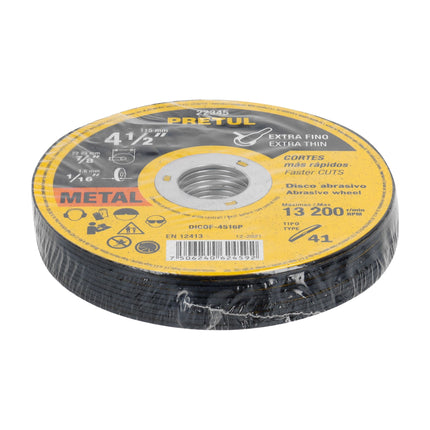 Disco Tipo 41 de 4-1/2' x 1.6 mm corte fino de metal, Pretul (DICOF-4516P)