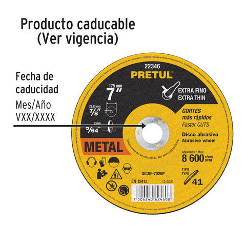 Disco Tipo 41 de 7' x 2 mm corte fino de metal, Pretul | DICOF-7020P | 22346