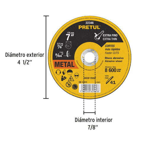 Disco Tipo 41 de 7' x 2 mm corte fino de metal, Pretul | DICOF-7020P | 22346