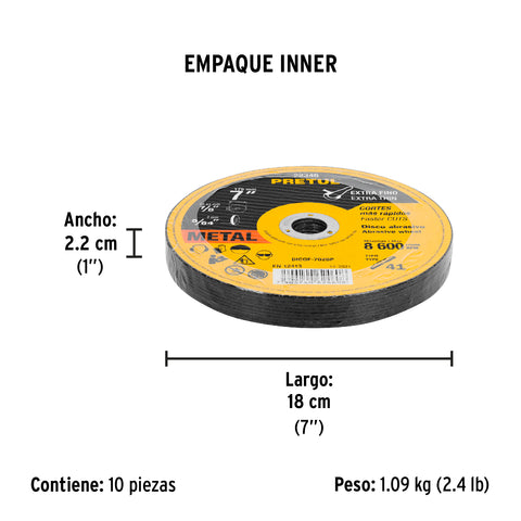 Disco Tipo 41 de 7' x 2 mm corte fino de metal, Pretul | DICOF-7020P | 22346