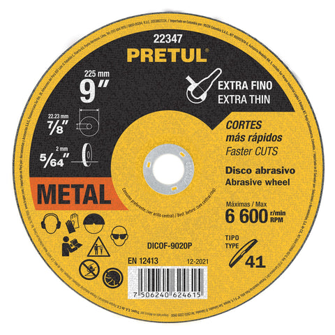 Disco Tipo 41 de 9' x 2 mm corte fino de metal, Pretul | DICOF-9020P | 22347