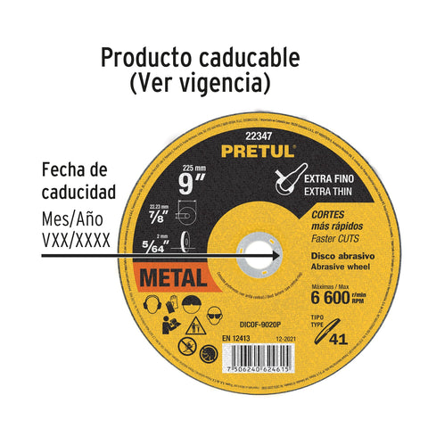 Disco Tipo 41 de 9' x 2 mm corte fino de metal, Pretul | DICOF-9020P | 22347