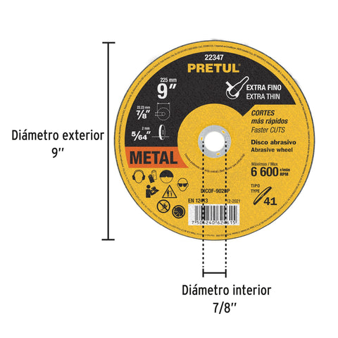 Disco Tipo 41 de 9' x 2 mm corte fino de metal, Pretul | DICOF-9020P | 22347