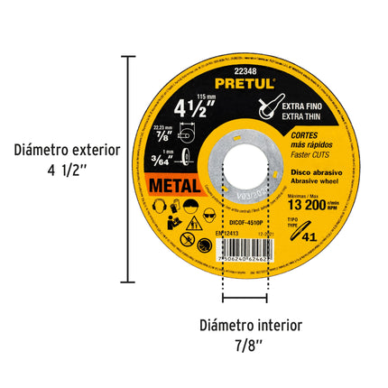 Disco Tipo 41 de 4-1/2' x 1 mm corte fino de metal, Pretul (DICOF-4510P)