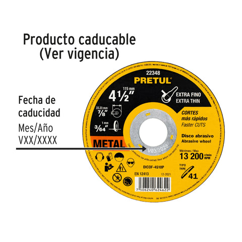 Disco Tipo 41 de 4-1/2' x 1 mm corte fino de metal, Pretul | DICOF-4510P | 22348