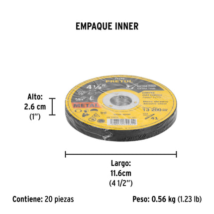 Disco Tipo 41 de 4-1/2' x 1 mm corte fino de metal, Pretul (DICOF-4510P)