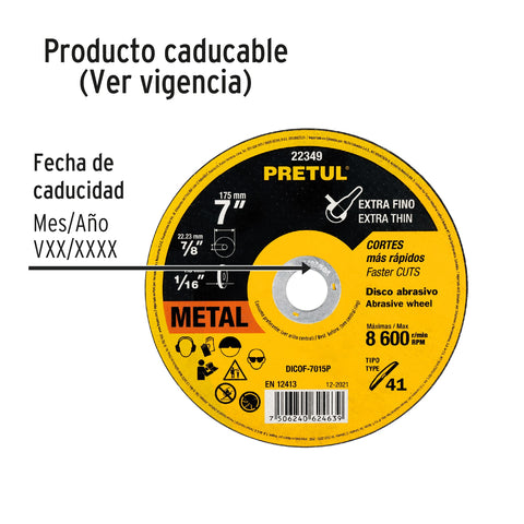 Disco Tipo 41 de 7' x 1.5 mm corte fino de metal, Pretul | DICOF-7015P | 22349