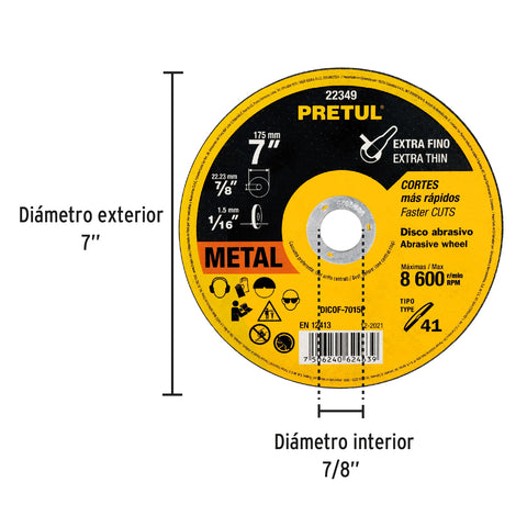 Disco Tipo 41 de 7' x 1.5 mm corte fino de metal, Pretul | DICOF-7015P | 22349
