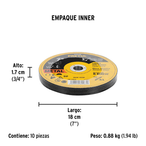 Disco Tipo 41 de 7' x 1.5 mm corte fino de metal, Pretul | DICOF-7015P | 22349