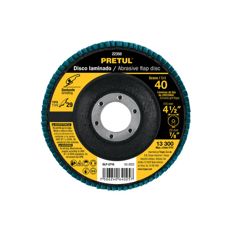 Disco laminado 4-1/2', grano 40 centro 7/8', fibra, PRETUL | DLP-2716 | 22350
