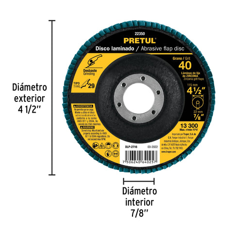 Disco laminado 4-1/2', grano 40 centro 7/8', fibra, PRETUL | DLP-2716 | 22350