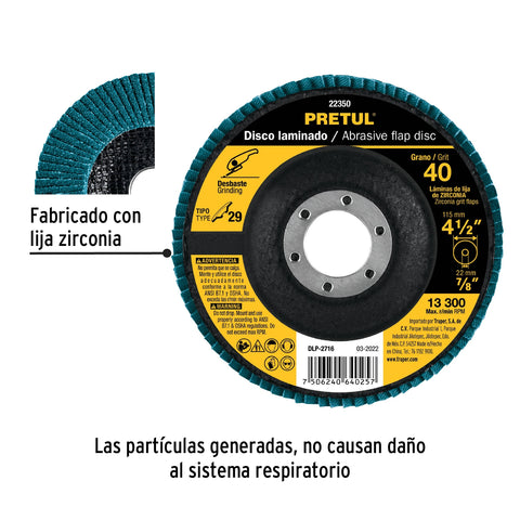 Disco laminado 4-1/2', grano 40 centro 7/8', fibra, PRETUL | DLP-2716 | 22350