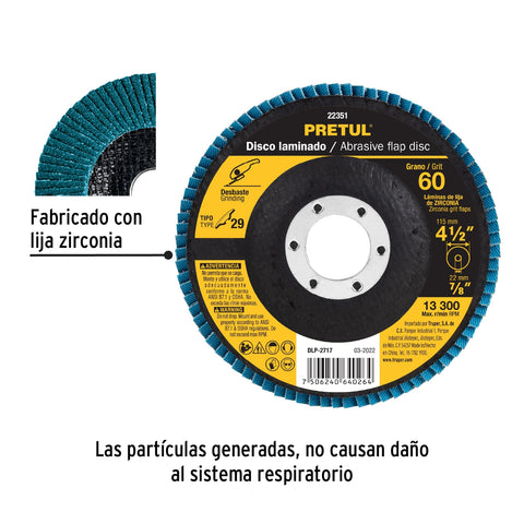 Disco laminado 4-1/2', grano 60 centro 7/8', fibra, PRETUL | DLP-2717 | 22351