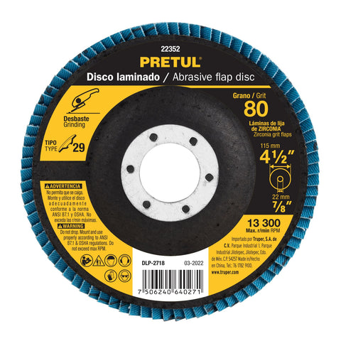 Disco laminado 4-1/2', grano 80 centro 7/8', fibra, PRETUL | DLP-2718 | 22352