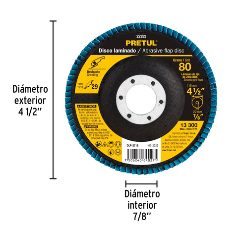 Disco laminado 4-1/2', grano 80 centro 7/8', fibra, PRETUL | DLP-2718 | 22352