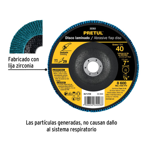 Disco laminado 7', grano 40 centro 7/8', fibra, PRETUL | DLP-2730 | 22353
