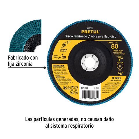 Disco laminado 7', grano 80 centro 7/8', fibra, PRETUL | DLP-2732 | 22355