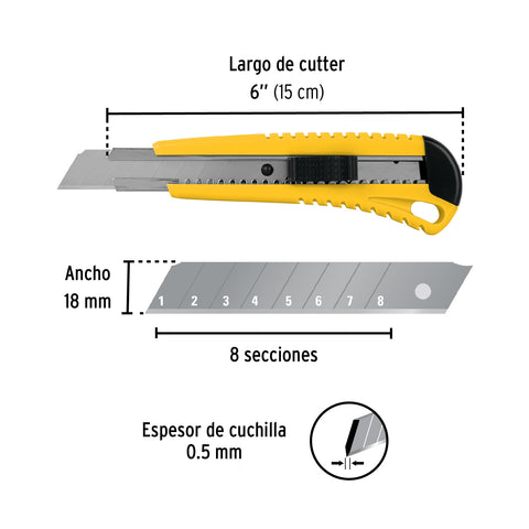 Cutter 18 mm plástico con alma metálica, Pretul | CUT-6P | 22396