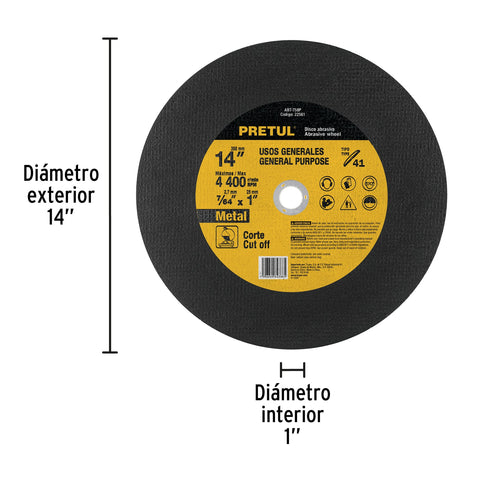 Disco Tipo 41 de 14' x 3.1 mm para corte de metal, PRETUL | ABT-758P | 22561