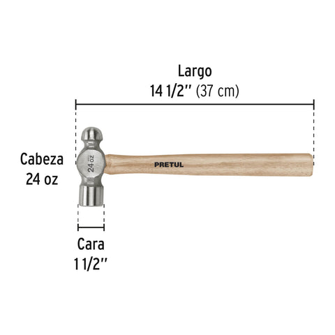 Martillo pulido de bola 24 oz mango madera, Pretul | MB-24P | 22659