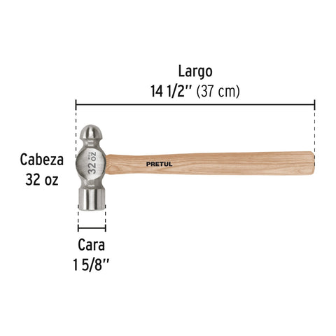 Martillo pulido de bola 32 oz mango madera, Pretul | MB-32P | 22660