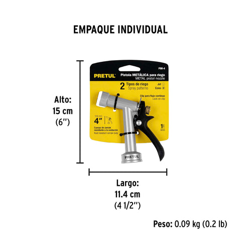 Pistola metálica para riego de 4', 2 funciones, PRETUL | PIM-4 | 22750