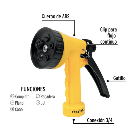 Pistola plástica para riego de 5', 5 funciones, PRETUL | PIM-55P | 22765