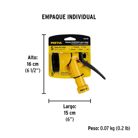 Pistola plástica para riego de 5', 5 funciones, PRETUL | PIM-55P | 22765