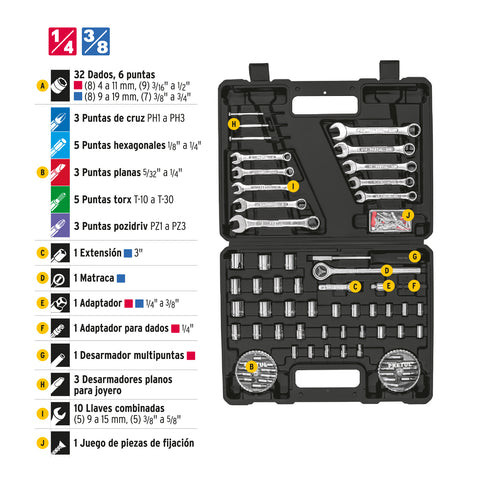 Juego de 71 herramientas 1/4' y 3/8' para mecánico, Pretul | SET-100 | 22980