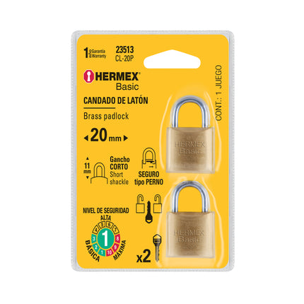 Blíster con 2 candados de latón de 20mm, HERMEX BASIC | CL-20P | 23513