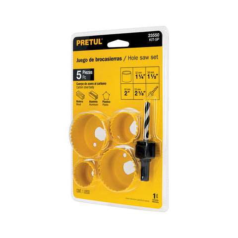 Juego de 4 brocasierras acero al carbono y 1 mandril, Pretul | KIT-5P | 23550