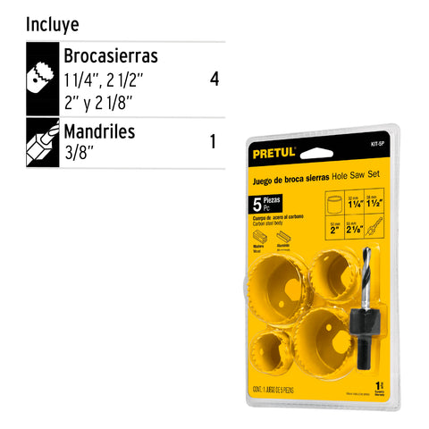 Juego de 4 brocasierras acero al carbono y 1 mandril, Pretul | KIT-5P | 23550
