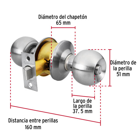 Cerradura tipo esfera, cilíndrico, baño, cromo, HERMEX BASIC | BAL-CM-BP | 23568