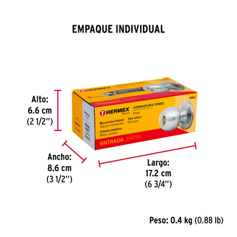 Cerradura tipo esfera, tubular, entrada, cromo, HERMEX BASIC | BALT-CM-EP | 23657