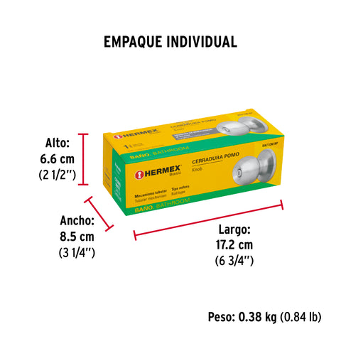 Cerradura tipo esfera, tubular, baño, cromo, HERMEX BASIC | BALT-CM-BP | 23663
