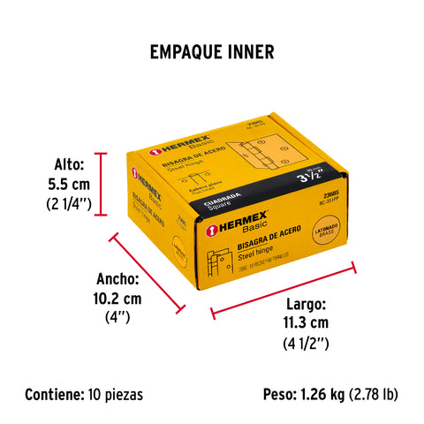 Bisagra cuadrada 3-1/2',latonado, cabeza plana, HERMEX BASIC | BC-351PP | 23685