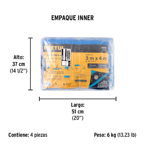 Lona de polietileno 3 x 4 m, azul, 110 g/m2, PRETUL | LP-34 | 23733