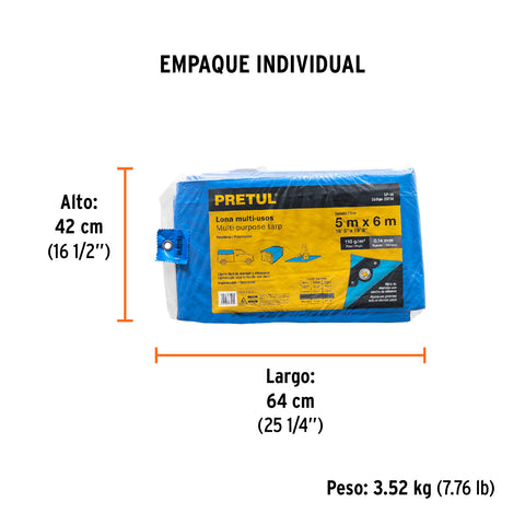 Lona de polietileno 5 x 6 m, azul, 110 g/m2, PRETUL | LP-56 | 23736