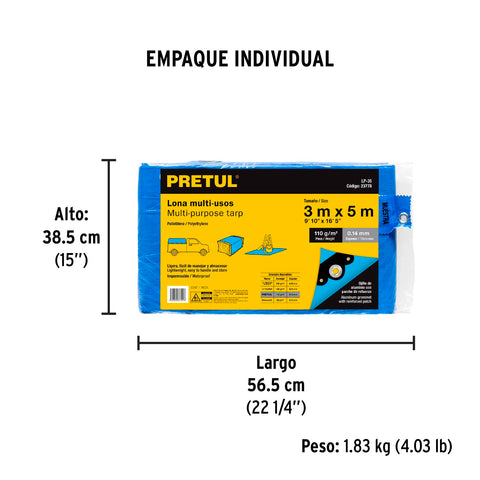 Lona de polietileno 3 x 5 m, azul, 110 g/m2, PRETUL | LP-35 | 23778
