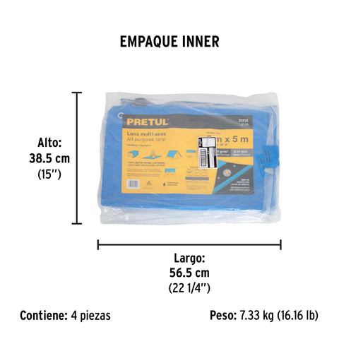 Lona de polietileno 3 x 5 m, azul, 110 g/m2, PRETUL | LP-35 | 23778