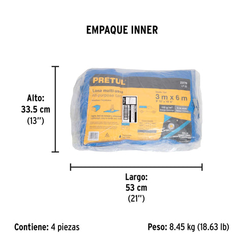 Lona de polietileno 3 x 6 m, azul, 110 g/m2, PRETUL | LP-36 | 23779