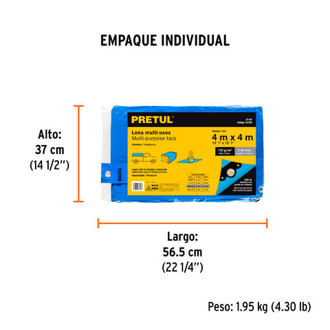 Lona de polietileno 4 x 4 m, azul, 110 g/m2, PRETUL | LP-44 | 23780