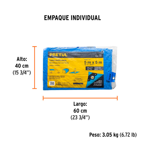 Lona de polietileno 5 x 5 m, azul, 110 g/m2, PRETUL | LP-55 | 23782