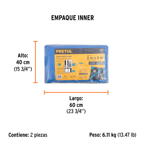 Lona de polietileno 5 x 5 m, azul, 110 g/m2, PRETUL | LP-55 | 23782
