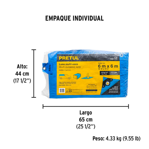 Lona de polietileno 6 x 6 m, azul, 110 g/m2, PRETUL | LP-66 | 23784