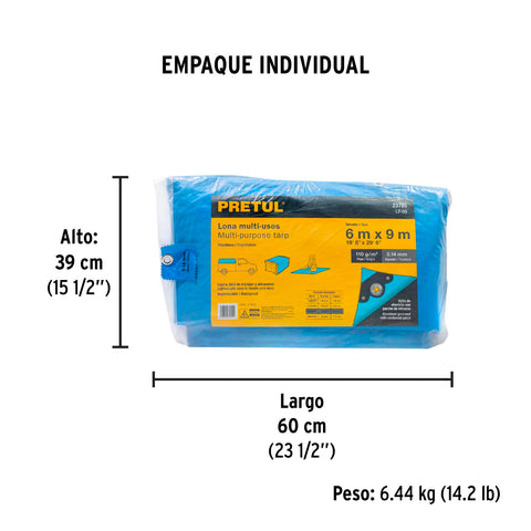 Lona de polietileno 6 x 9 m, azul, 110 g/m2, PRETUL | LP-69 | 23785