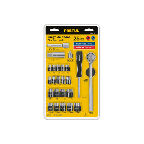 Juego de 25 herramientas 1/4' y 3/8' para mecánico, Pretul | JUDA-29P | 23974