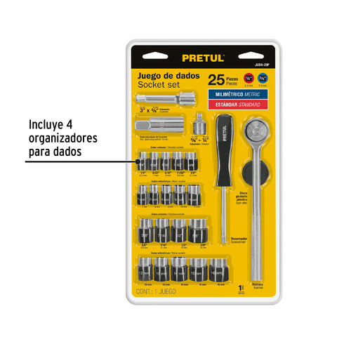 Juego de 25 herramientas 1/4' y 3/8' para mecánico, Pretul | JUDA-29P | 23974