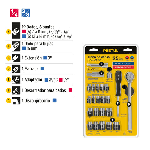 Juego de 25 herramientas 1/4' y 3/8' para mecánico, Pretul | JUDA-29P | 23974